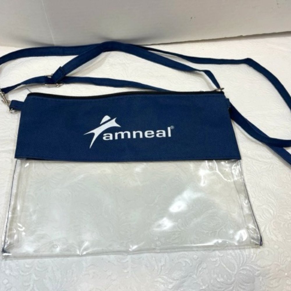 Amneal Navy Clear Thin Crossbody Wristlet Carrying Tote Bag Adj Strap10.25x7.75"